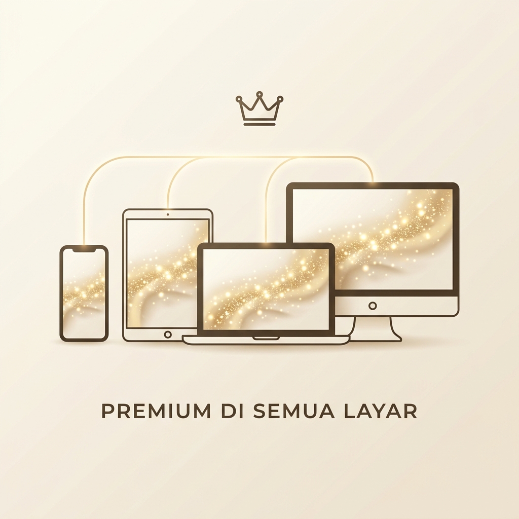 Ilustrasi Tampil Premium — undangan elegan di HP, tablet, laptop, dan desktop